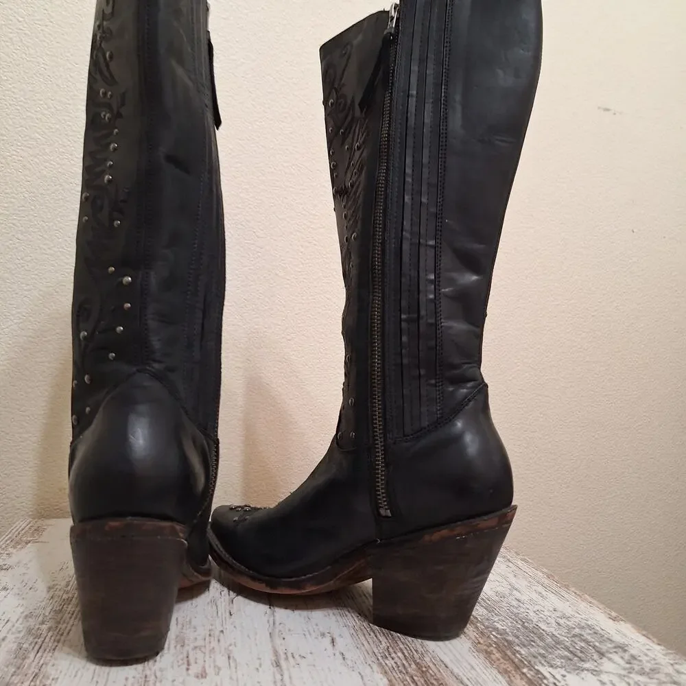 Justin Reba Queen Western Black Leather Studded Square Toe Boot Womens 7